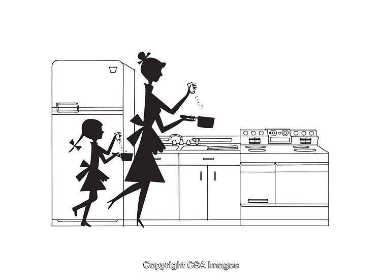 Black And White Illustration of Cooking Mother and Daughter in a Kitchen