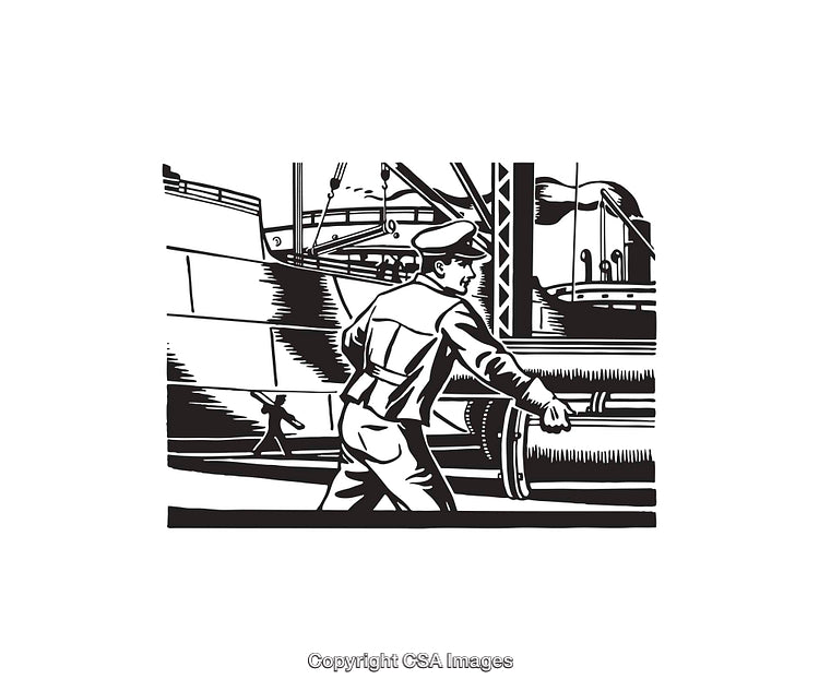 Monochrome Line Art of a Dockworker at a Shipyard Scene