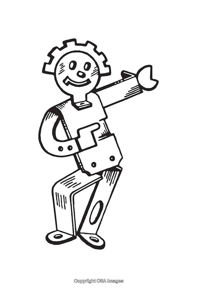 Black and White Line Art Drawing of a Cartoon Robot