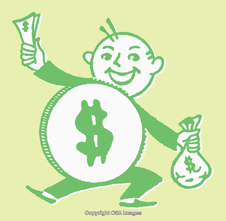 Whimsical Green Line Art of Happy Cartoon Figures With Dollar Symbols