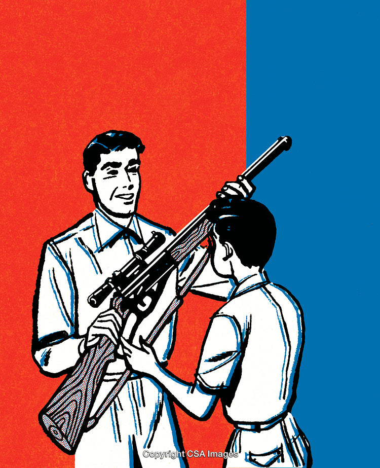 Retro Illustration of Two Figures Interacting with a Rifle on Bright Background