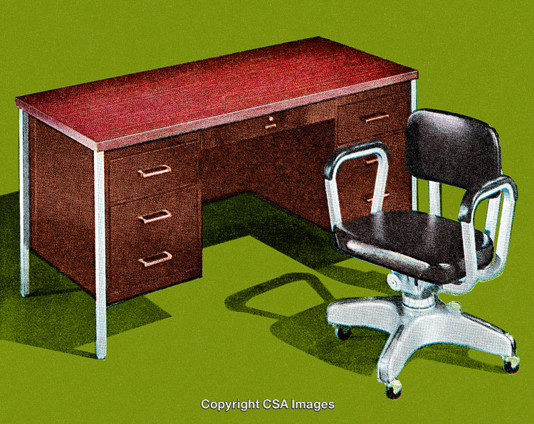 Retro Office Desk with Chair on a Vibrant Green Background