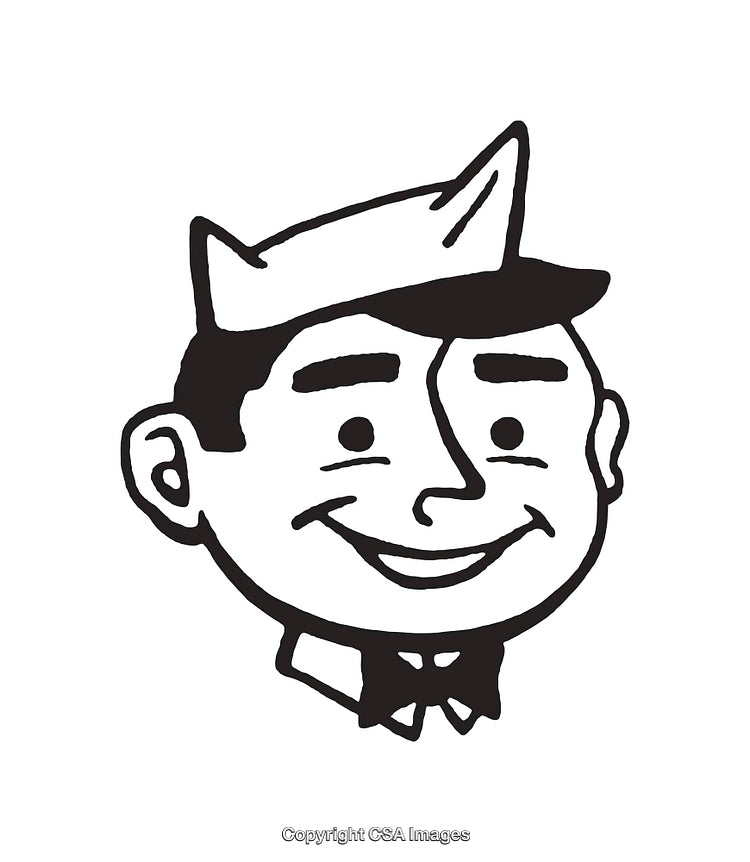 Retro Illustrated Smiling Character in Black and White Line Art
