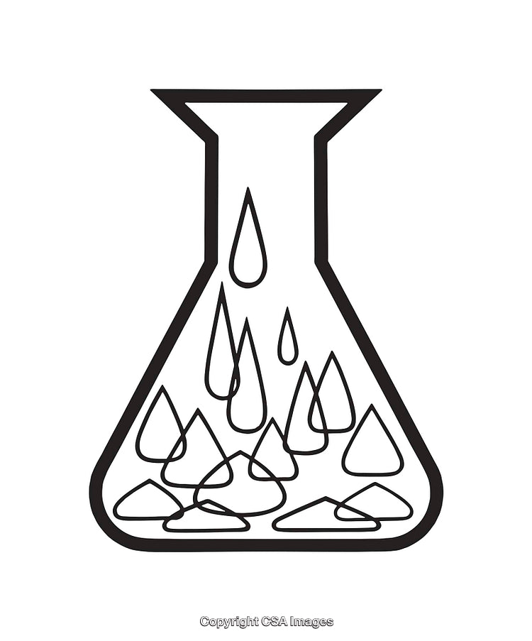 Black and White Line Art of Flask with Liquid Drops
