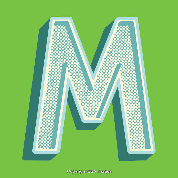 Stylized Polka Dot Alphabet Letter M on Green Background