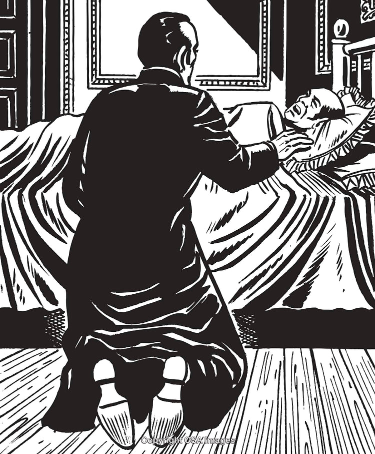 Man Kneeling by Bedside in Emotional Vintage Scene Black and White Artwork
