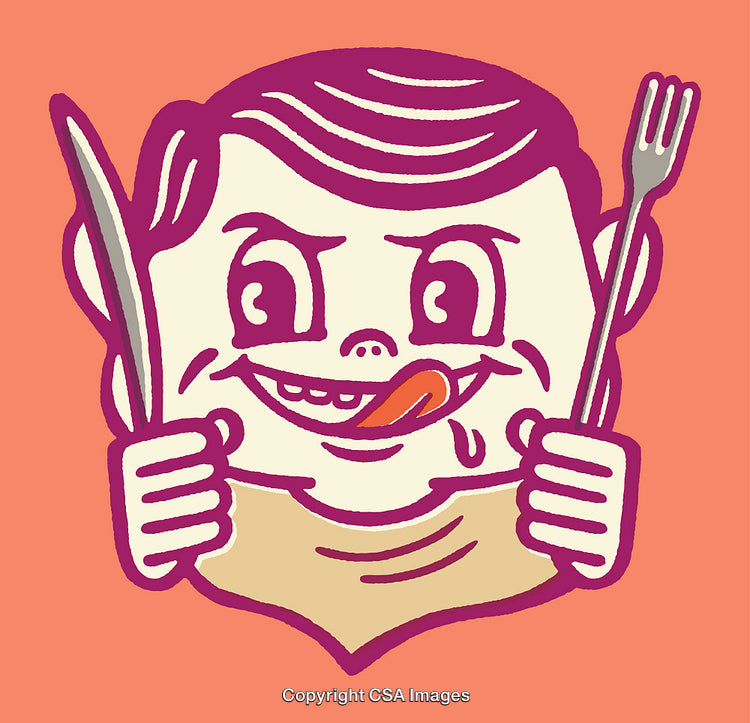 Playful Cartoon Illustration of a Hungry Child with Knife and Fork