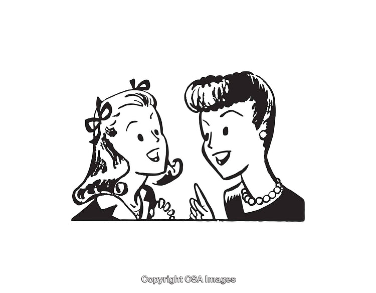 Vintage Black and White Line Art of Two Women Conversing