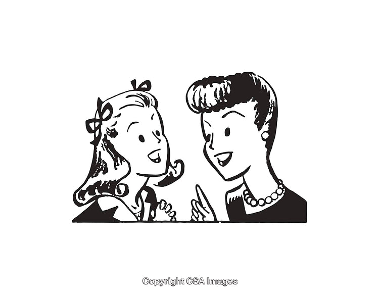 Vintage Black and White Line Art of Two Women Conversing