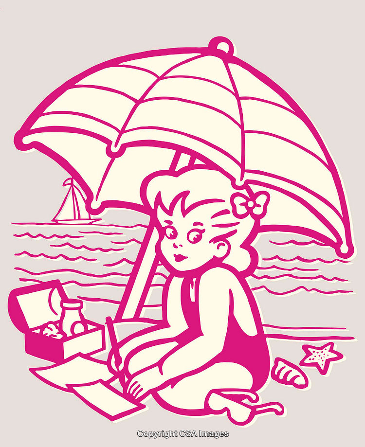Charming Beach Scene With Child Drawing Under an Umbrella