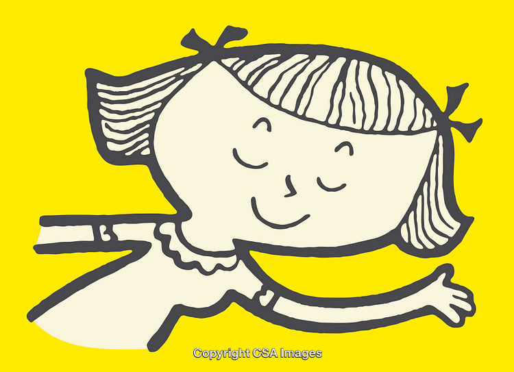 Cartoon Line Art Illustration of a Smiling Girl on Yellow Background