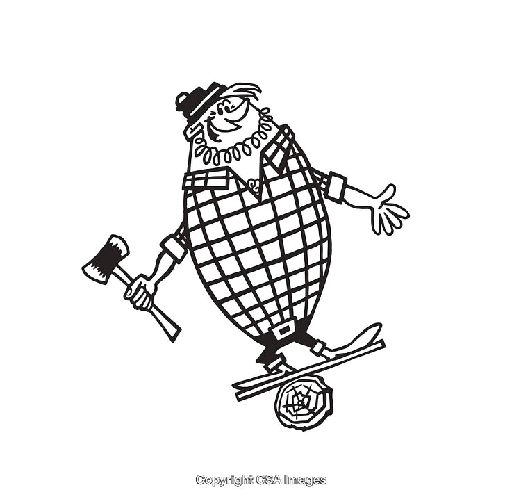Black And White Cartoon Lumberjack Balancing On Log While Holding Axe