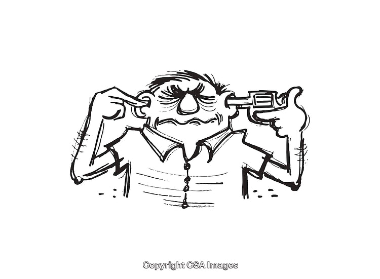Black and White Line Art of Frustrated Character Holding Gun to Head