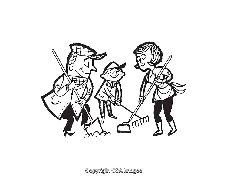 Black and White Line Art of Family Gardening Together Outdoors