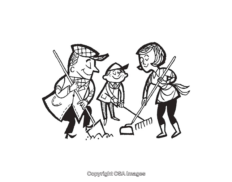 Black and White Line Art of Family Gardening Together Outdoors