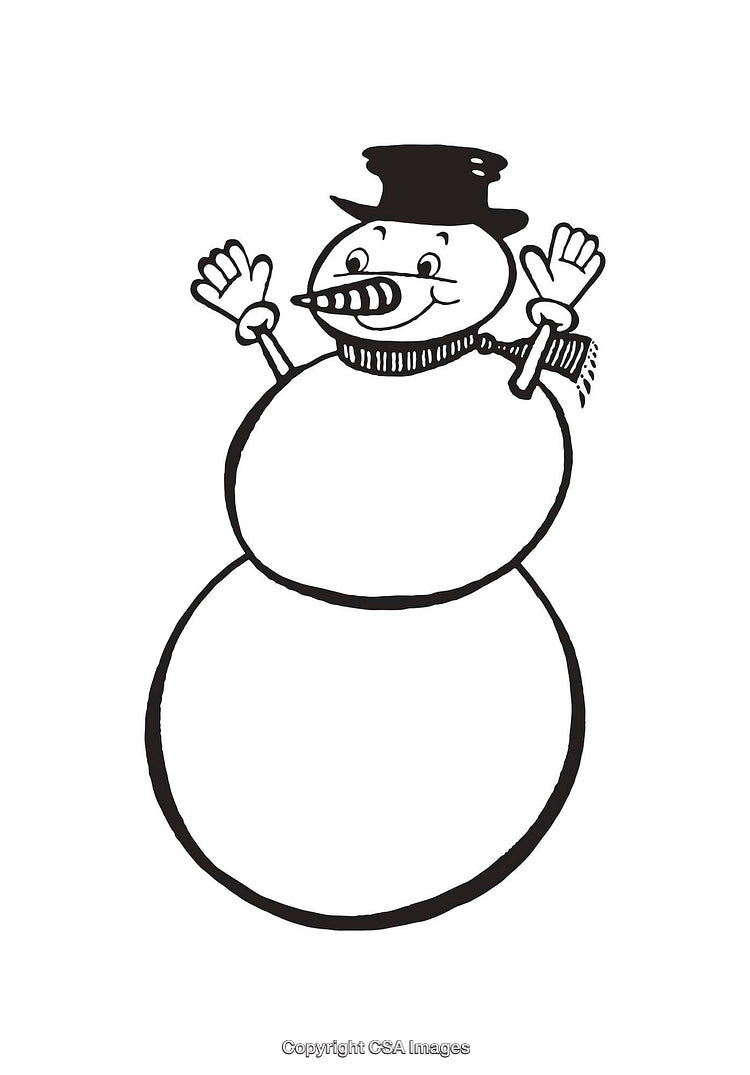 Cheerful Snowman Wearing Top Hat and Scarf in Black and White Line Art