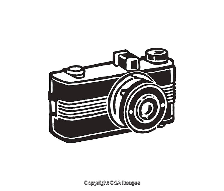 Black and White Line Art Illustration of a Vintage Camera