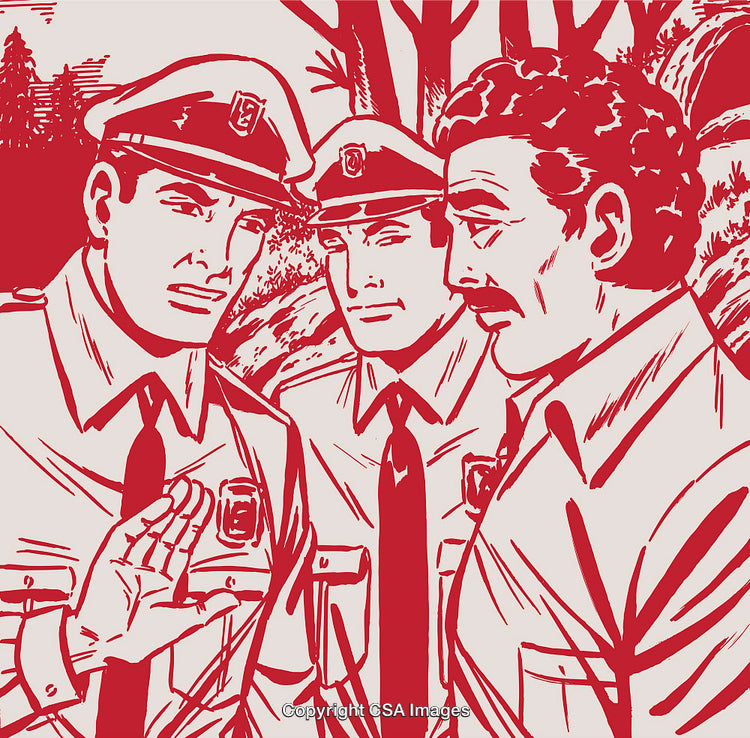 Retro Styled Illustration of Officers Discussing Outdoors in Monochrome Style