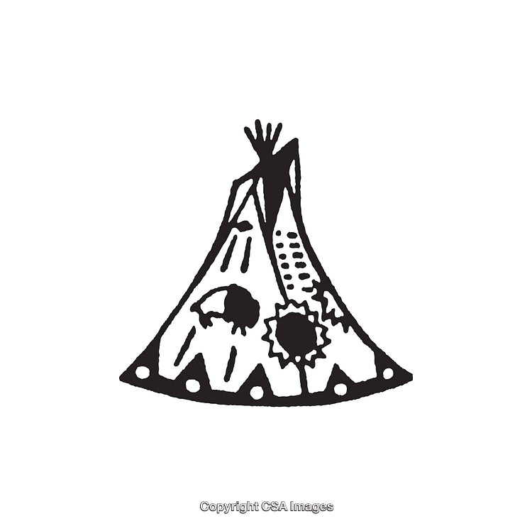 Black and White Drawing of Teepee with Traditional Motifs and Designs