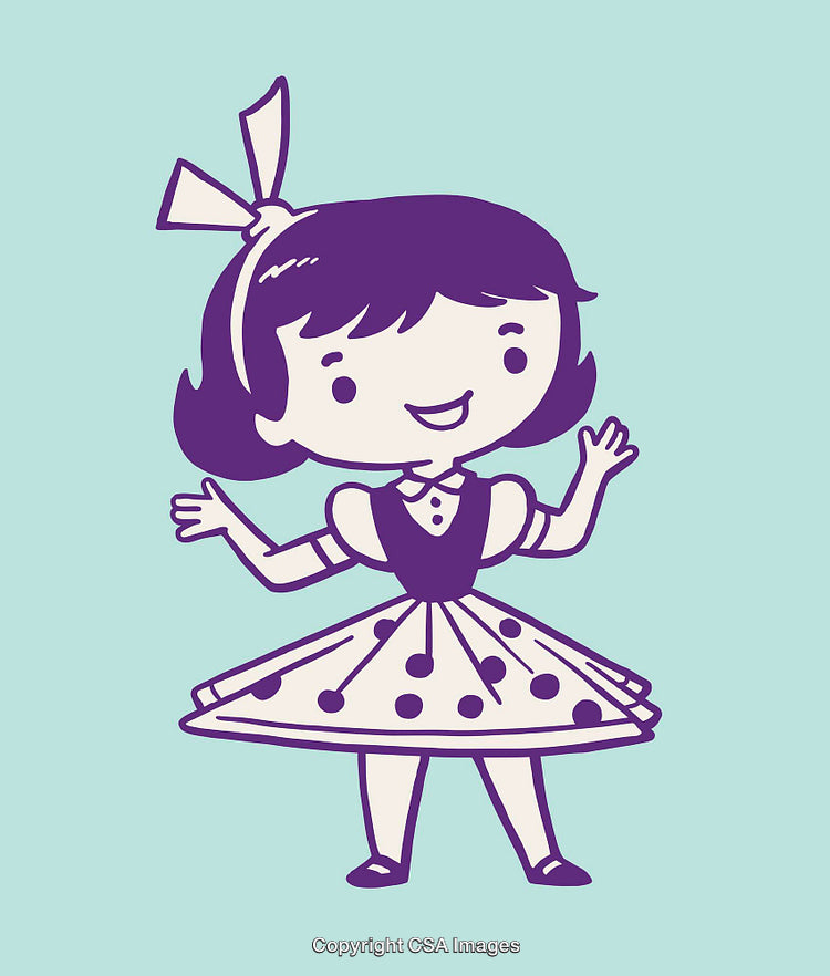 Charming Line Art Illustration of a Girl in a Polka Dot Dress