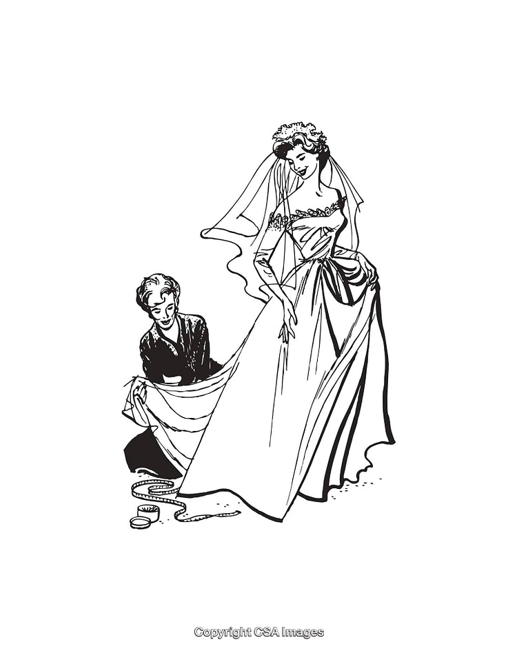 Vintage Illustration of Bride and Seamstress Adjusting Wedding Dress