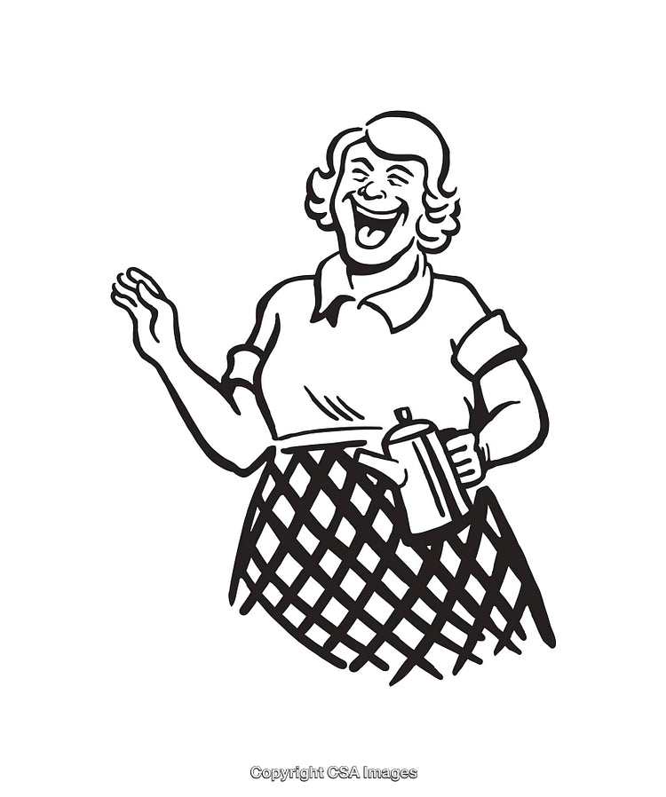 Happy Retro Housewife With Coffee Jug in Nostalgic Line Art