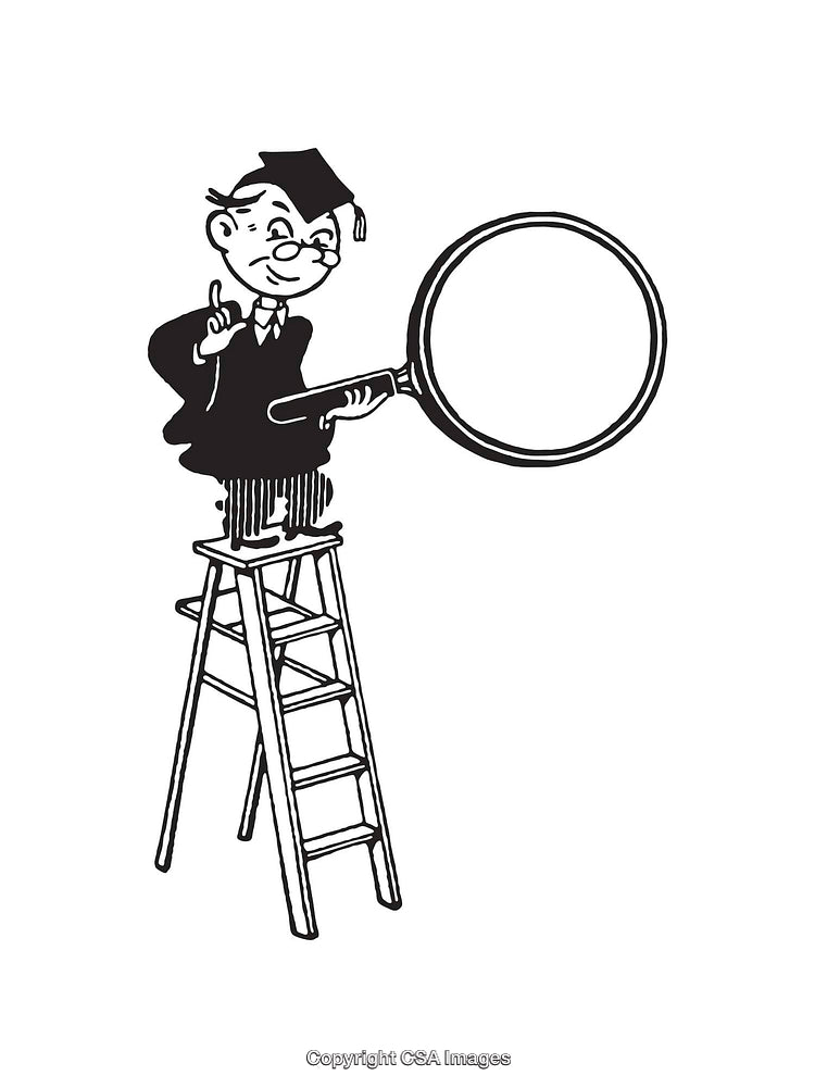 Black And White Cartoon of Professor Climbing Ladder with Magnifying Glass