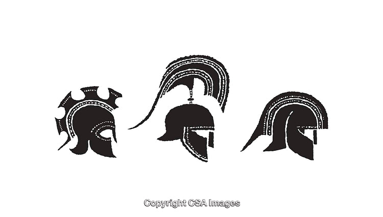 Illustrations of Ancient Greek and Roman Warrior Helmets in Black and White