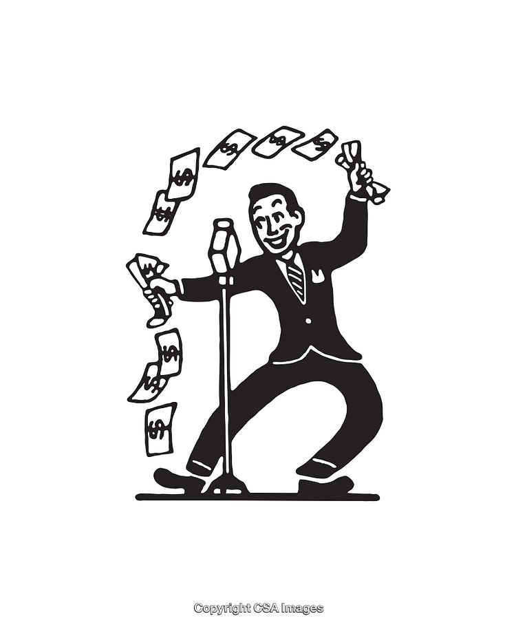 Black And White Illustration of Performer With Money and Microphone