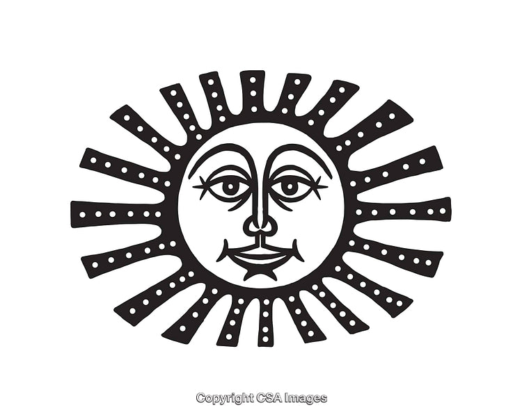 Intricate Black and White Line Art Illustration of a Sun Face Design