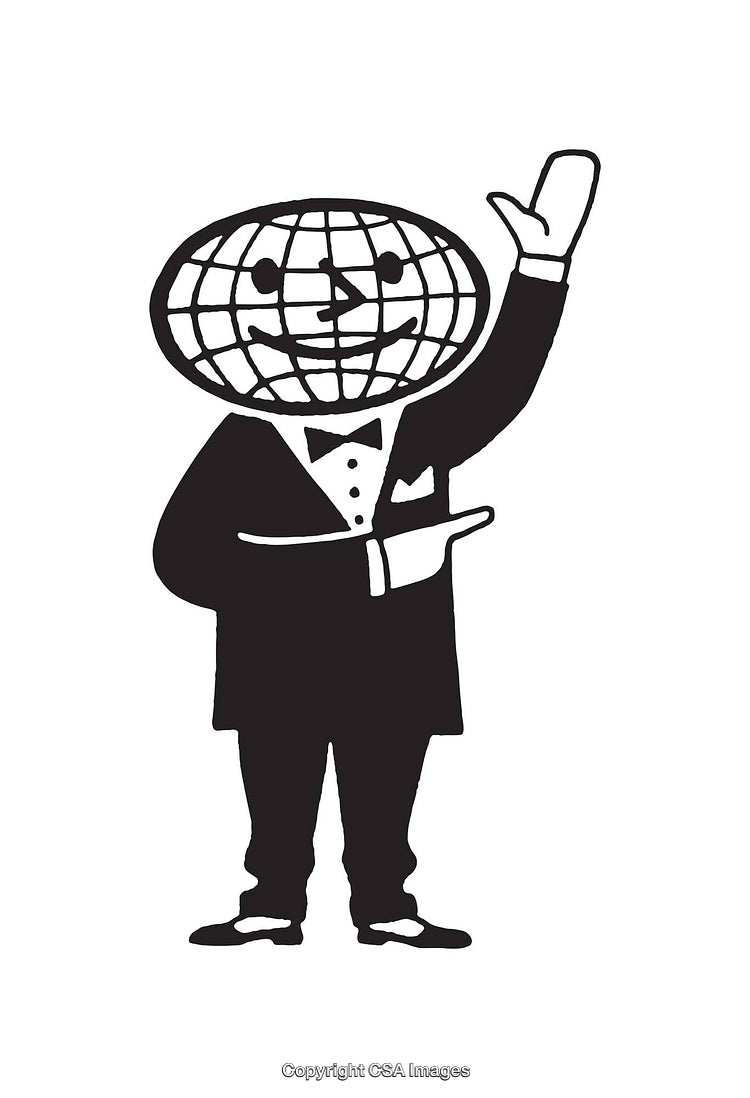 Black and White Line Art Illustration of a Globe-Headed Character in a Suit