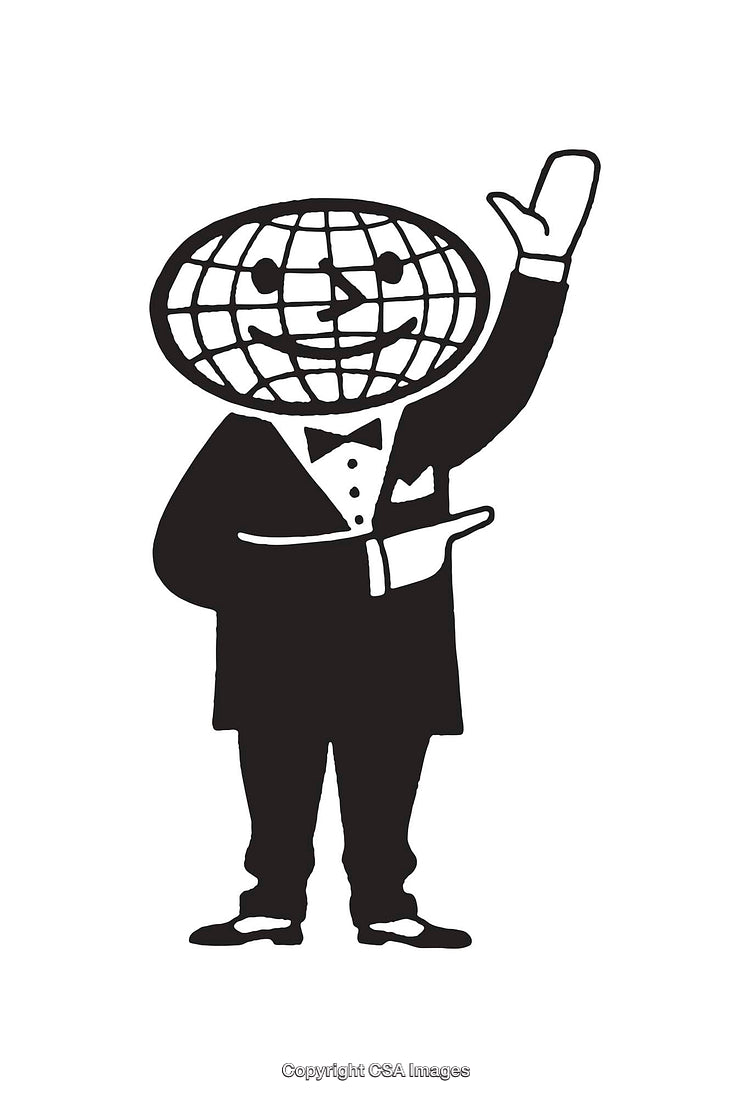 Black and White Line Art Illustration of a Globe-Headed Character in a Suit