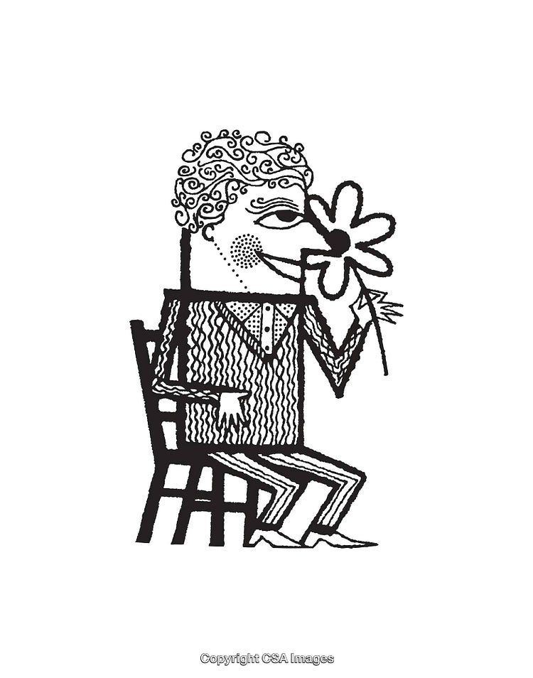 Whimsical Line Art Illustration of a Seated Person Holding a Flower