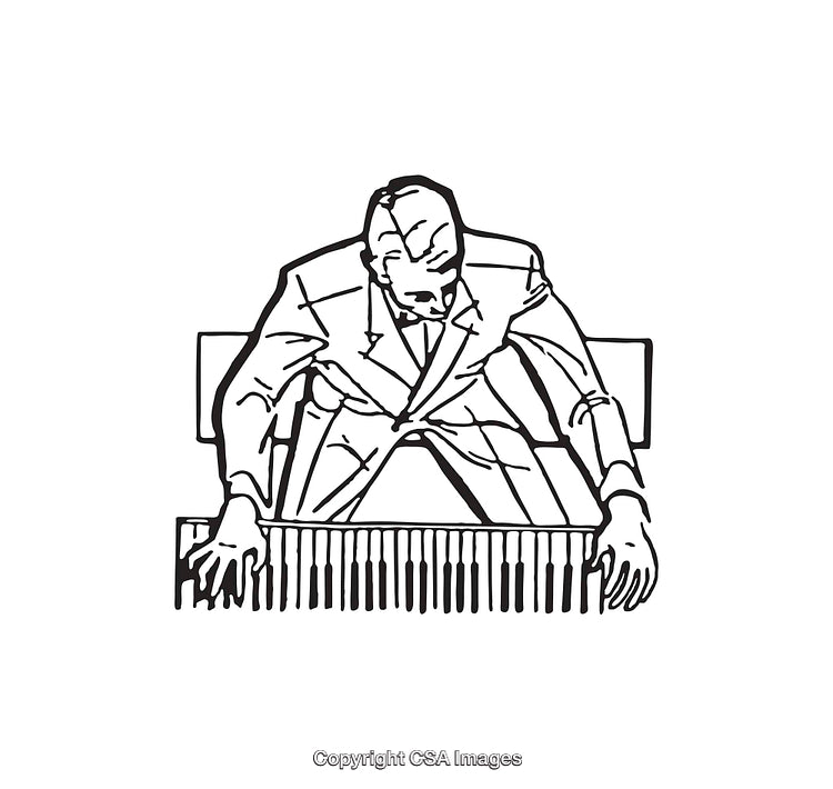 Vintage Black and White Line Art of a Pianist Playing a Piano