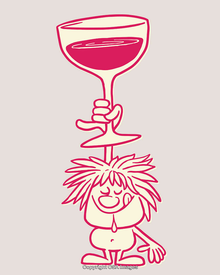 Playful Character Balancing a Wine Glass in Whimsical Line Art Style