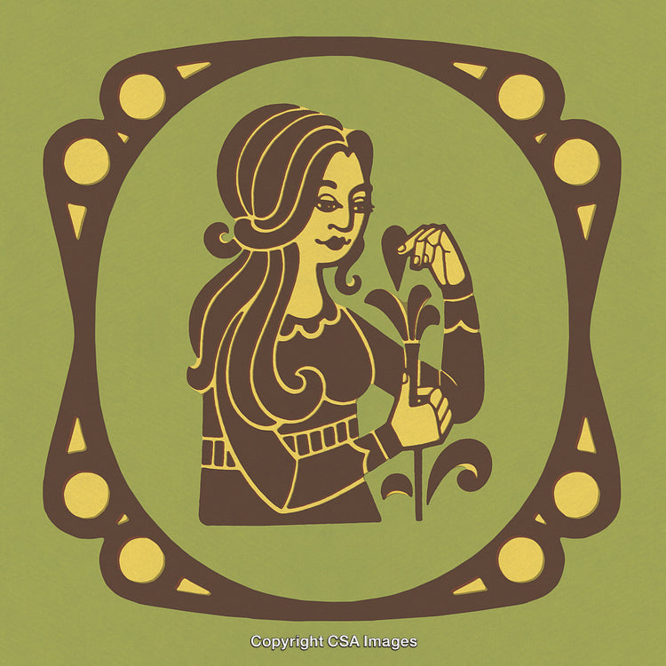 Retro Decorative Illustration of a Woman Holding a Flower in an Ornate Frame