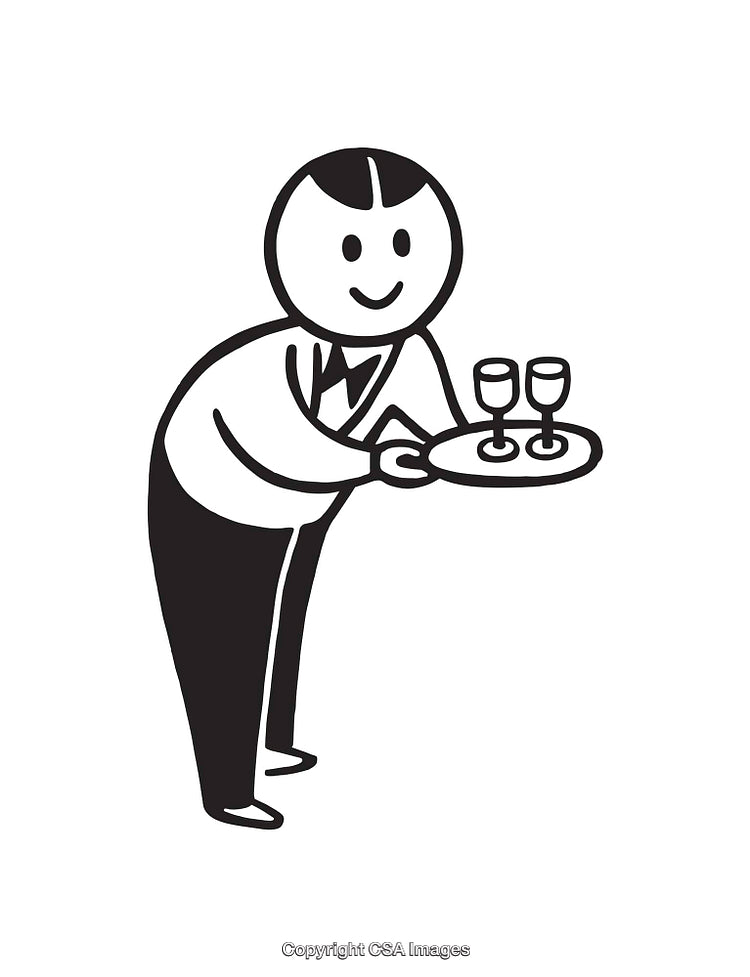 Black and White Line Art of a Waiter Holding a Tray with Glasses