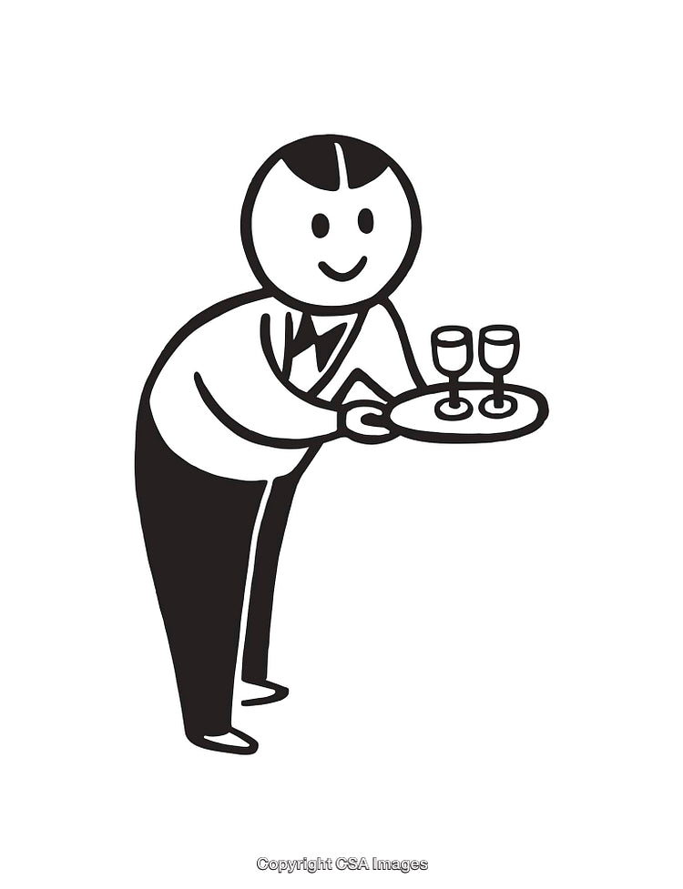 Black and White Line Art of a Waiter Holding a Tray with Glasses