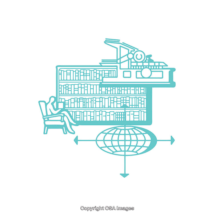 Library Knowledge Symbol with Bookshelf, Globe, and Person Reading Outline Icon
