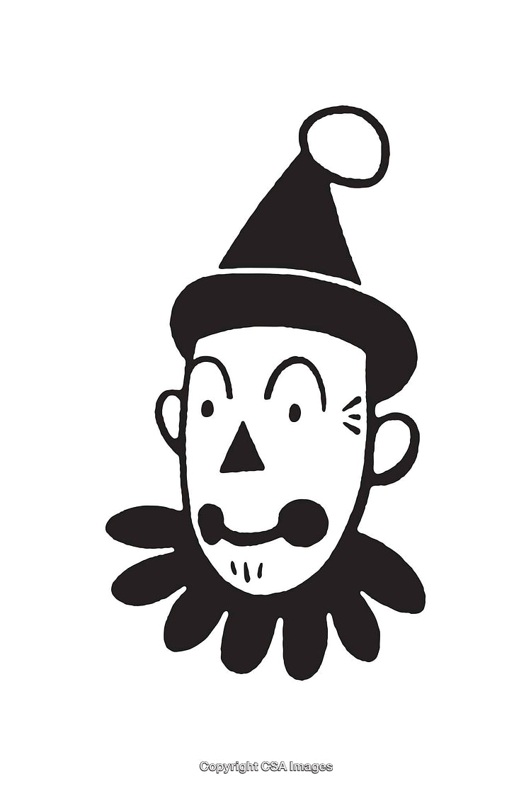 Black and White Line Drawing of a Clown Face with Hat
