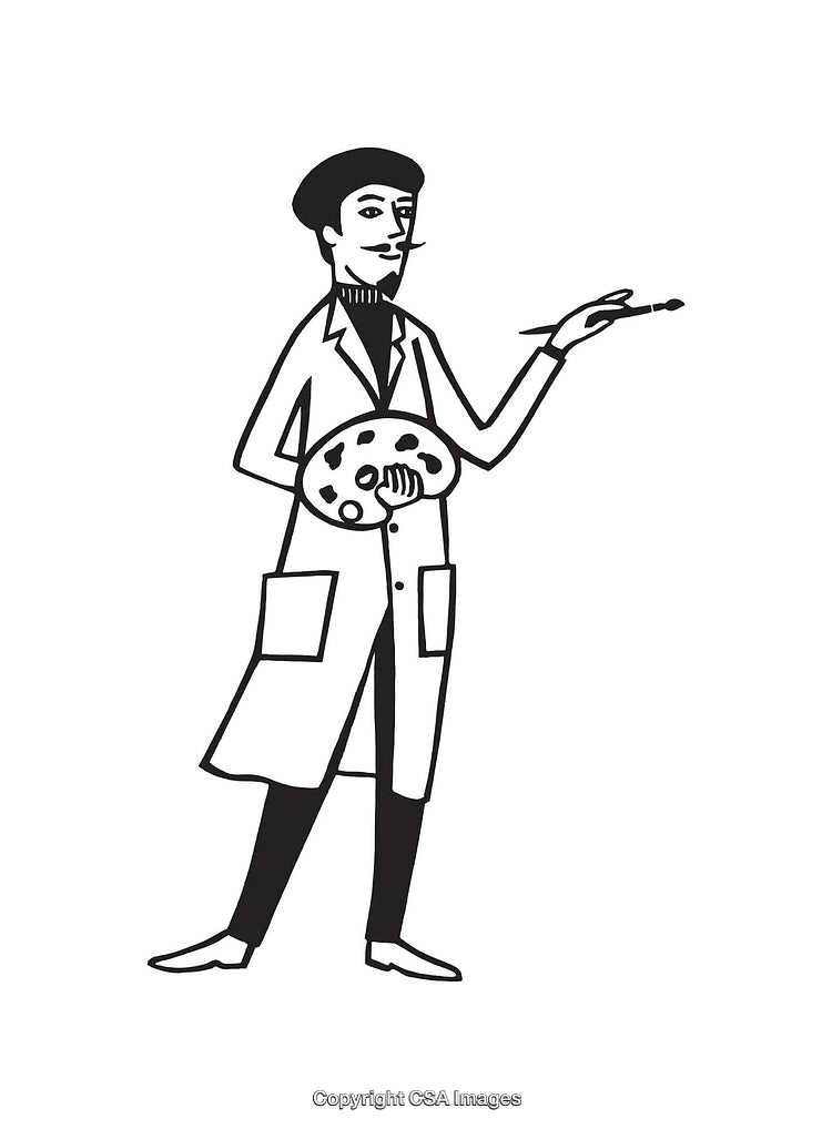 Black and White Illustration of an Artist Holding Palette and Brush