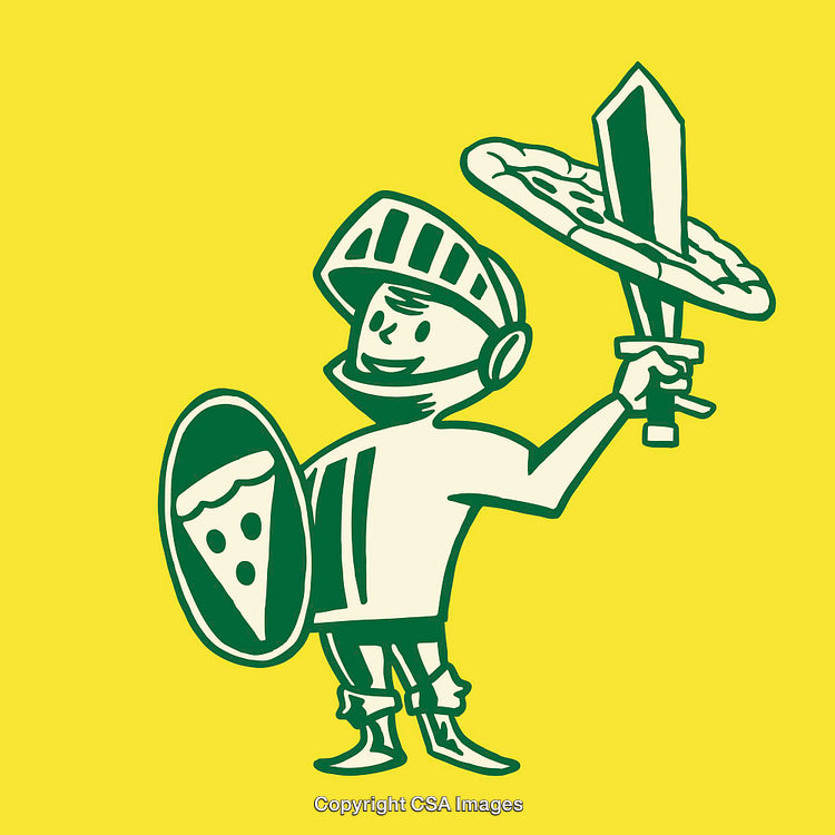 Cartoon Style Knight Holding a Pizza Sword and Pie Shield