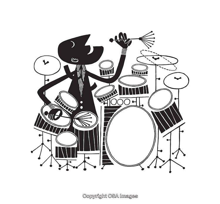 Illustration of a Musician Playing a Drum Kit in Line Art Style