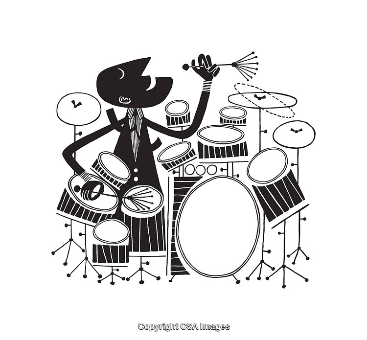 Illustration of a Musician Playing a Drum Kit in Line Art Style