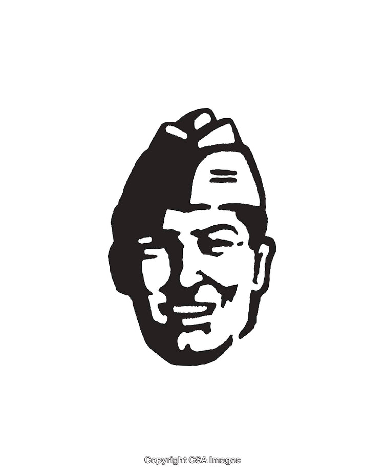 Black and White Line Art of Smiling Face with Hat