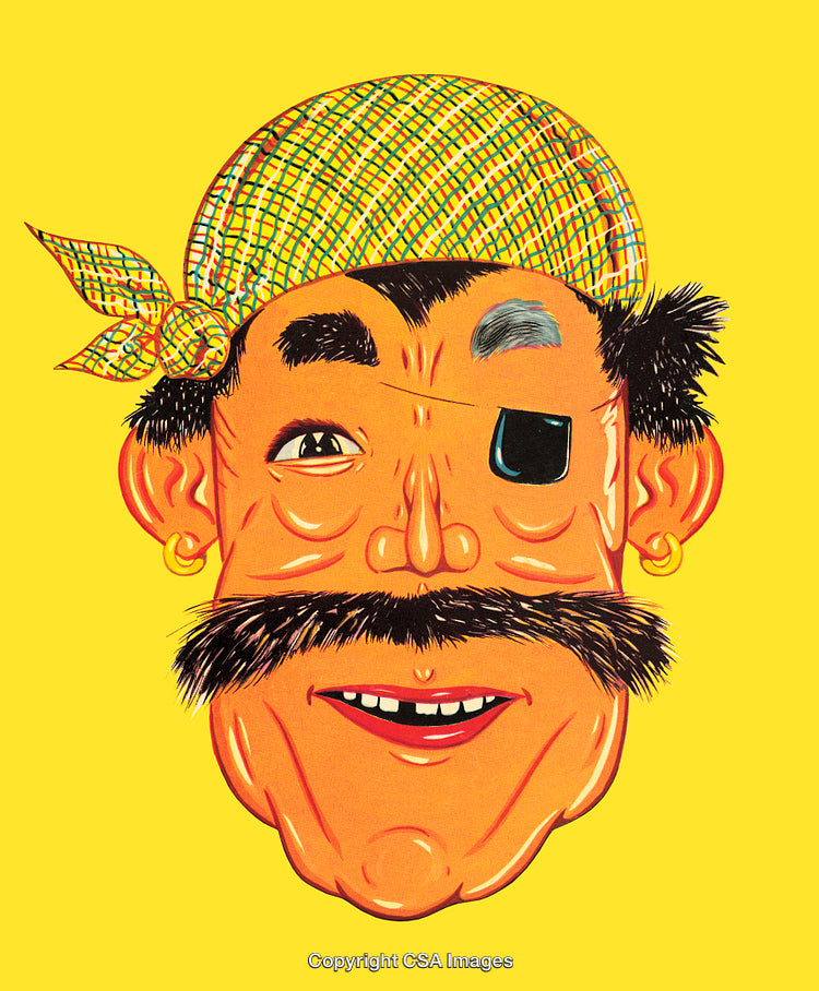 Colorful Cartoon Illustration of a Pirate with Bold Features on Yellow Background