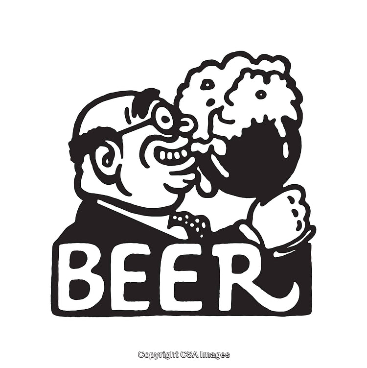 Black and White Line Art Illustration of Happy Man Drinking Beer