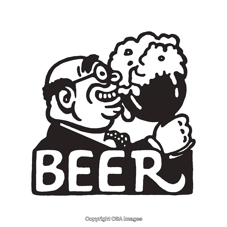 Black and White Line Art Illustration of Happy Man Drinking Beer