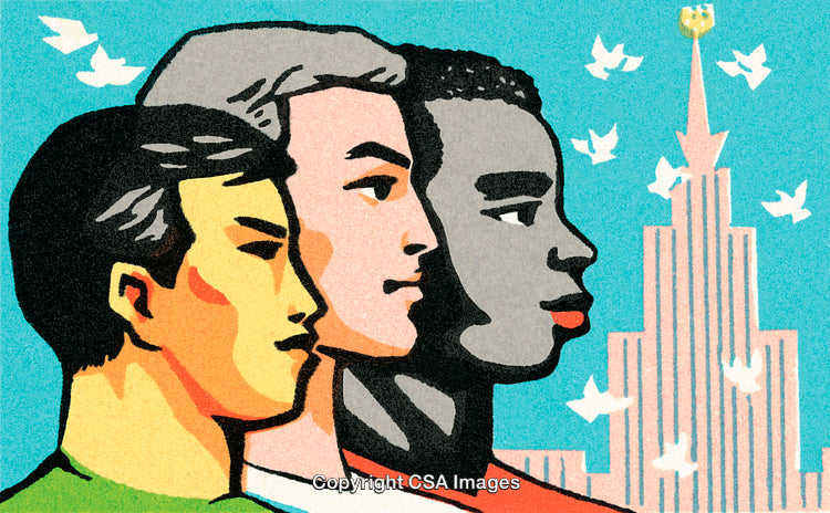 Group of Diverse Individuals Facing Forward with Unity and Peaceful Symbols