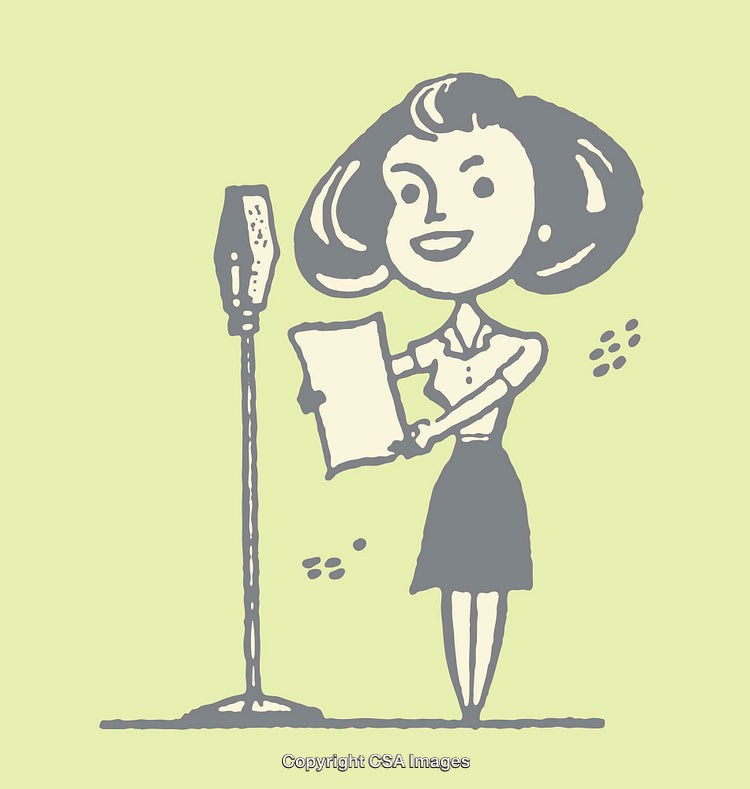 Retro Style Line Art of a Woman Announcing with a Microphone
